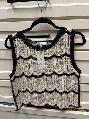 AZ- Crochet Knit Tank Top - Cream with Black Trim